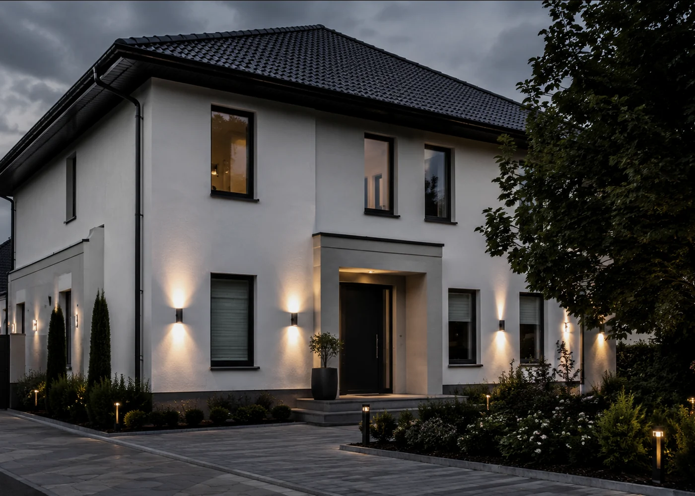 Dark wood house and garage